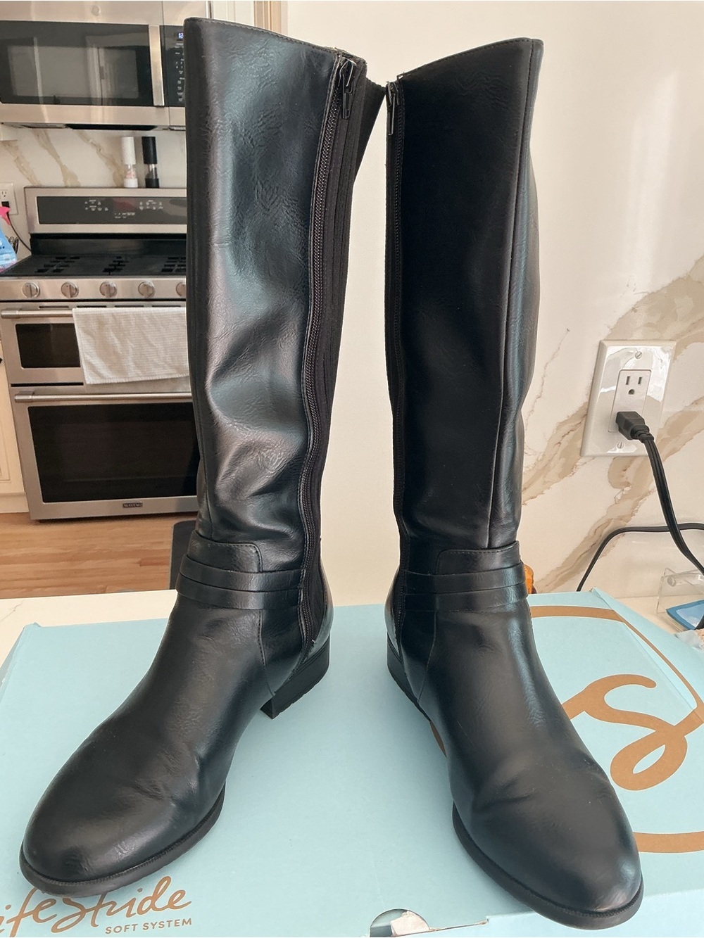 Life Stride Black Mid-Calf Buckle Heeled Boots 9 Wide